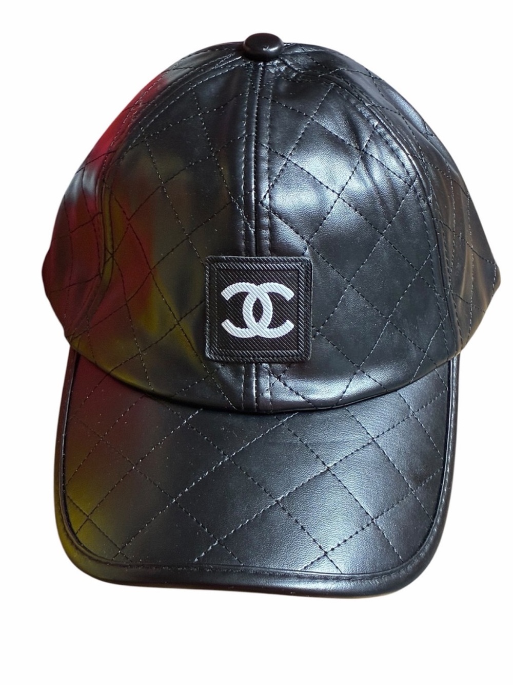 Double CC Designer Quilted Faux Leather Baseball Hat Cap Black
